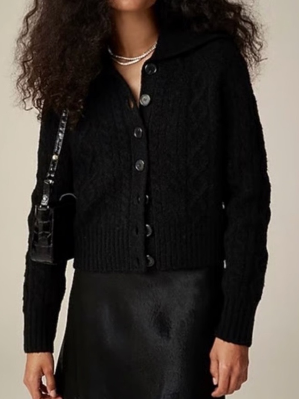 J.Crew 2024 Collared Cable-Knit Cardigan in Black Sz S Merino Wool Alpaca Blend